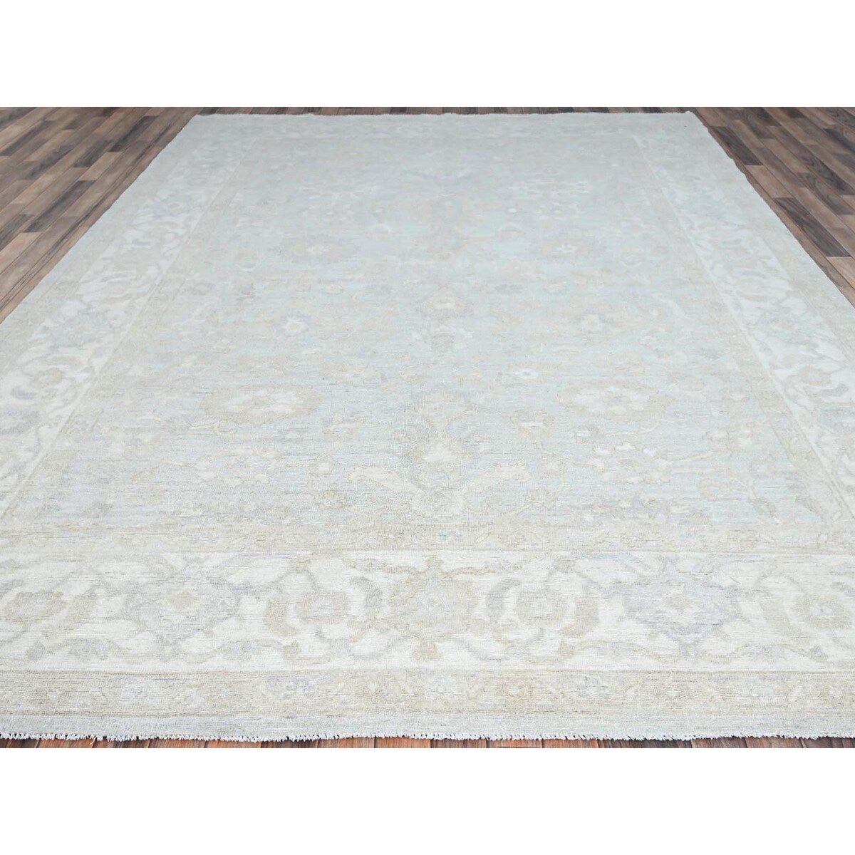 Shahbanu Rugs Sterling Gray Extra Soft Wool White Wash Peshawar Hand Knotted Geometric Design Oriental Rug 9'1"x12' - 9'1" x 12'