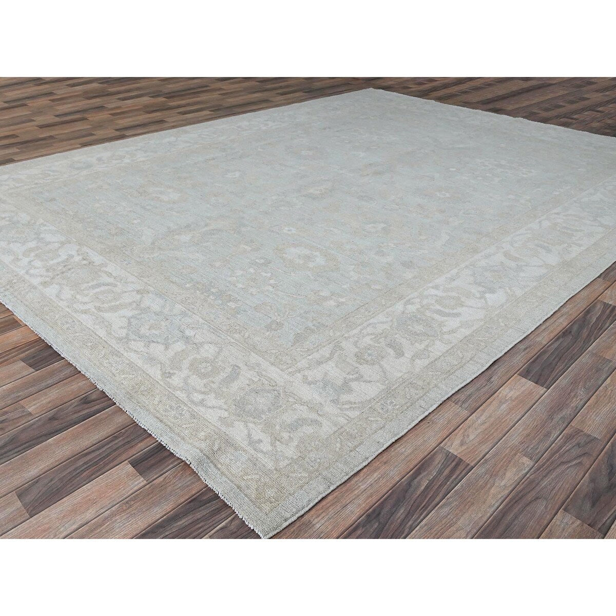 Shahbanu Rugs Sterling Gray Extra Soft Wool White Wash Peshawar Hand Knotted Geometric Design Oriental Rug 9'1"x12' - 9'1" x 12'