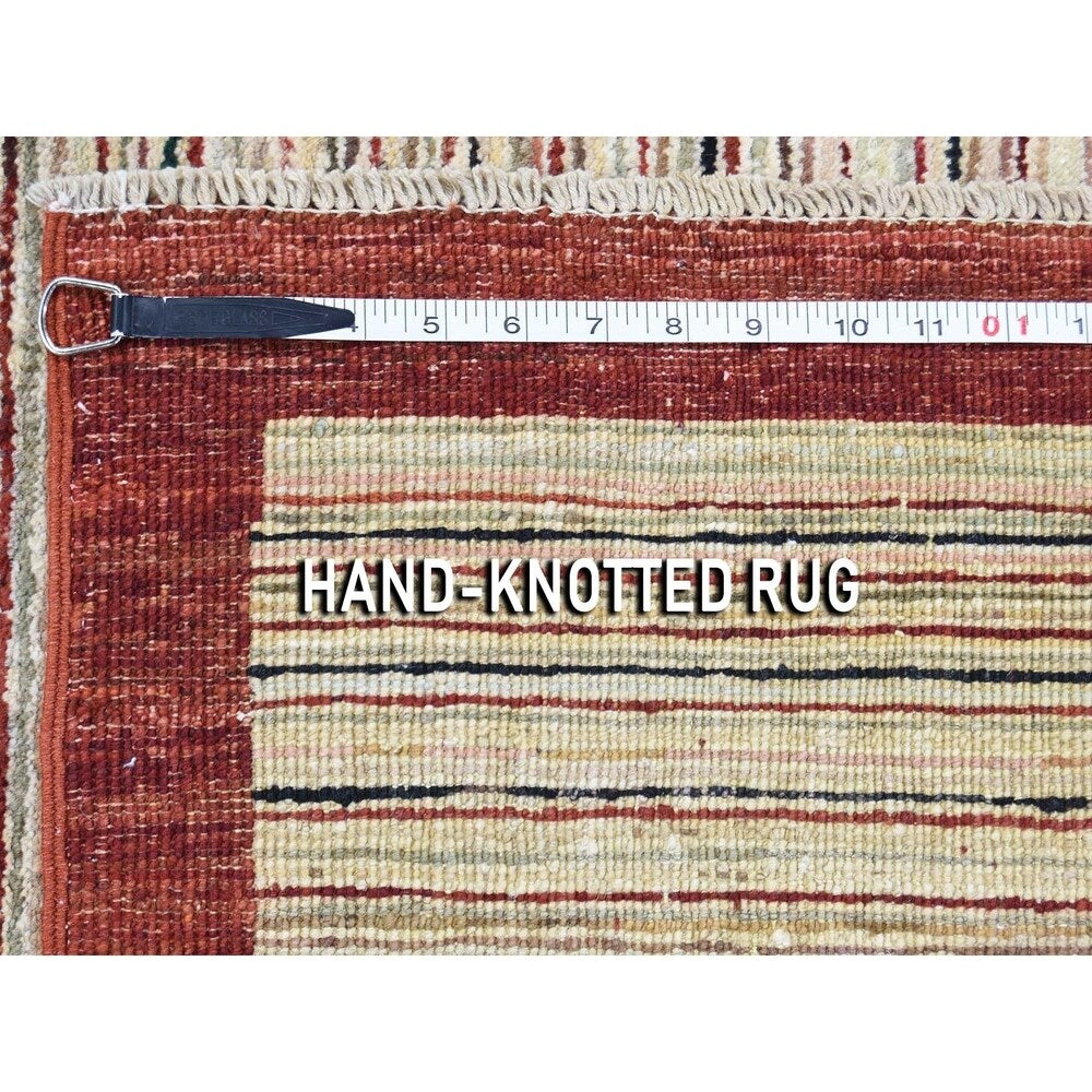 Shahbanu Rugs Striped Peshawar Gabbeh Pure Wool Hand Knotted Oriental Rug (4'9" x 6'5") - 4'9" x 6'5"