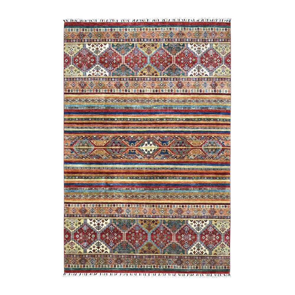 Shahbanu Rugs Super Kazak ColorFul Khorjin Design Pure Wool Hand Knotted Oriental Rug (6'0" x 9'0") - 6'0" x 9'0"
