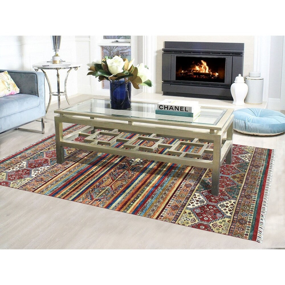 Shahbanu Rugs Super Kazak ColorFul Khorjin Design Pure Wool Hand Knotted Oriental Rug (6'0" x 9'0") - 6'0" x 9'0"