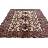 Shahbanu Rugs Super Kazak Pure Wool Beige Geometric Design Hand-Knotted Oriental Rug (4'8" x 6'9") - 4'8" x 6'9"
