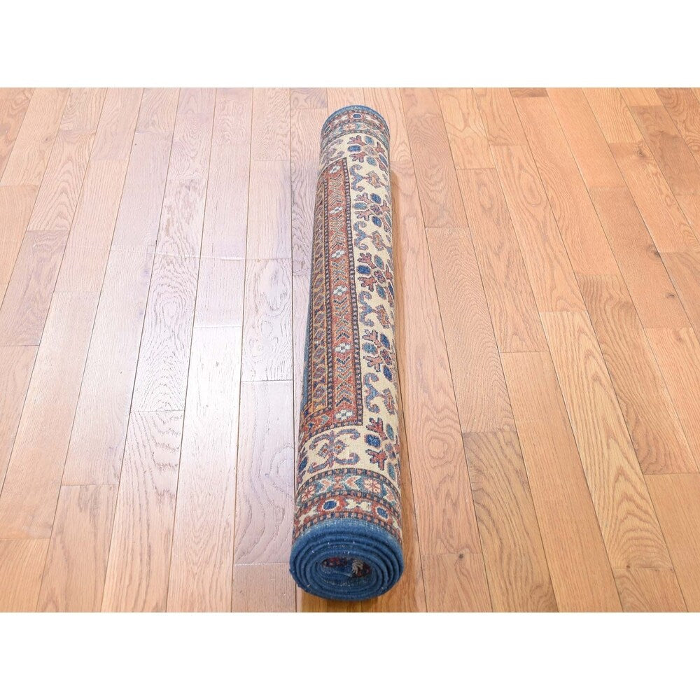 Shahbanu Rugs Super Kazak Pure Wool Blue Geometric Design Hand-Knotted Oriental Rug (4'0" x 6'0") - 4'0" x 6'0"