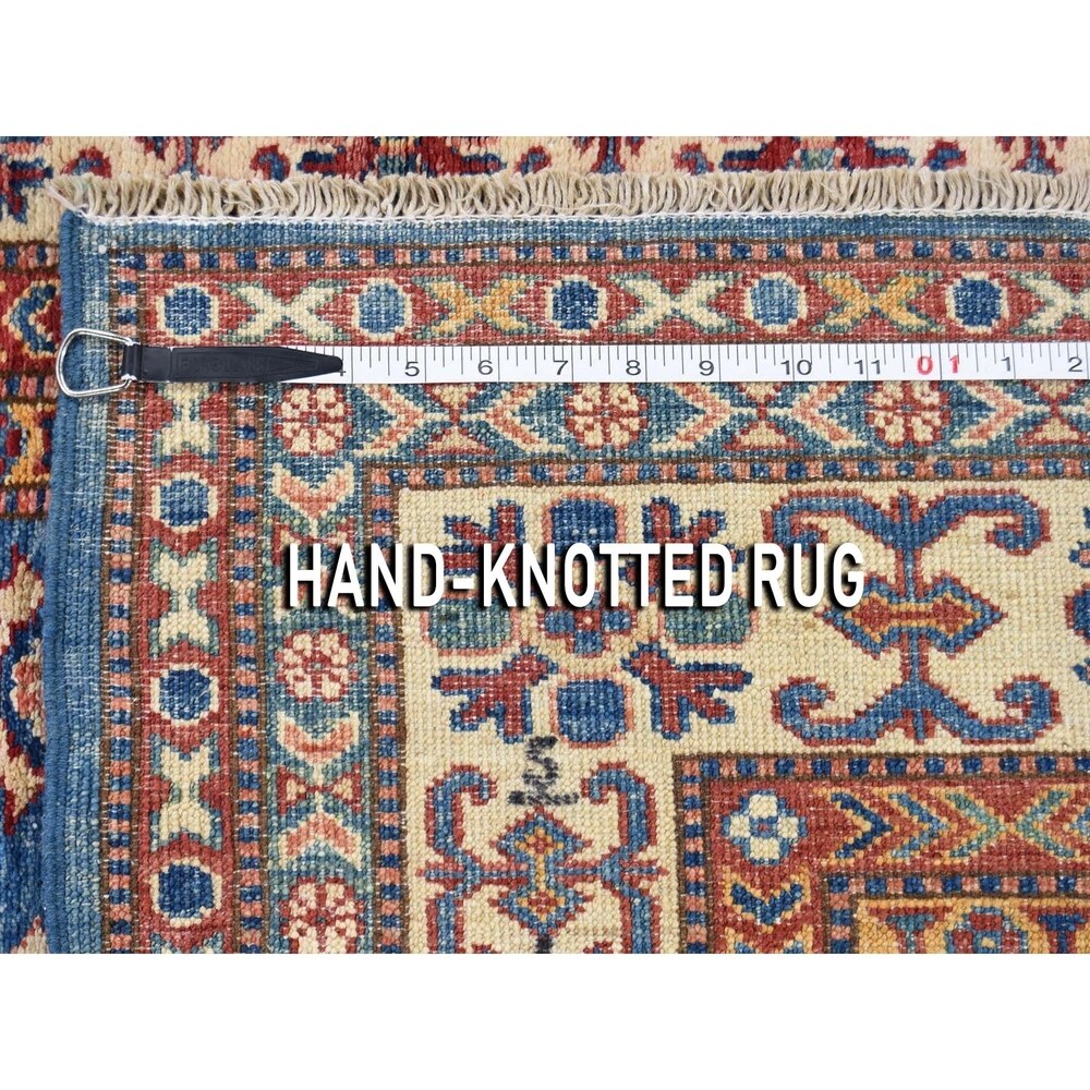 Shahbanu Rugs Super Kazak Pure Wool Blue Geometric Design Hand-Knotted Oriental Rug (4'0" x 6'0") - 4'0" x 6'0"