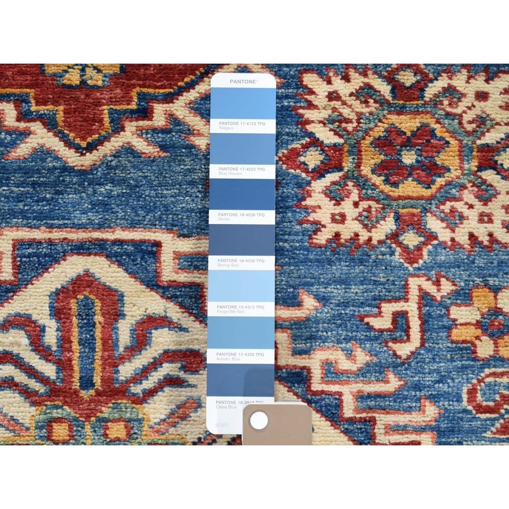 Shahbanu Rugs Super Kazak Pure Wool Blue Geometric Design Hand-Knotted Oriental Rug (4'0" x 6'0") - 4'0" x 6'0"