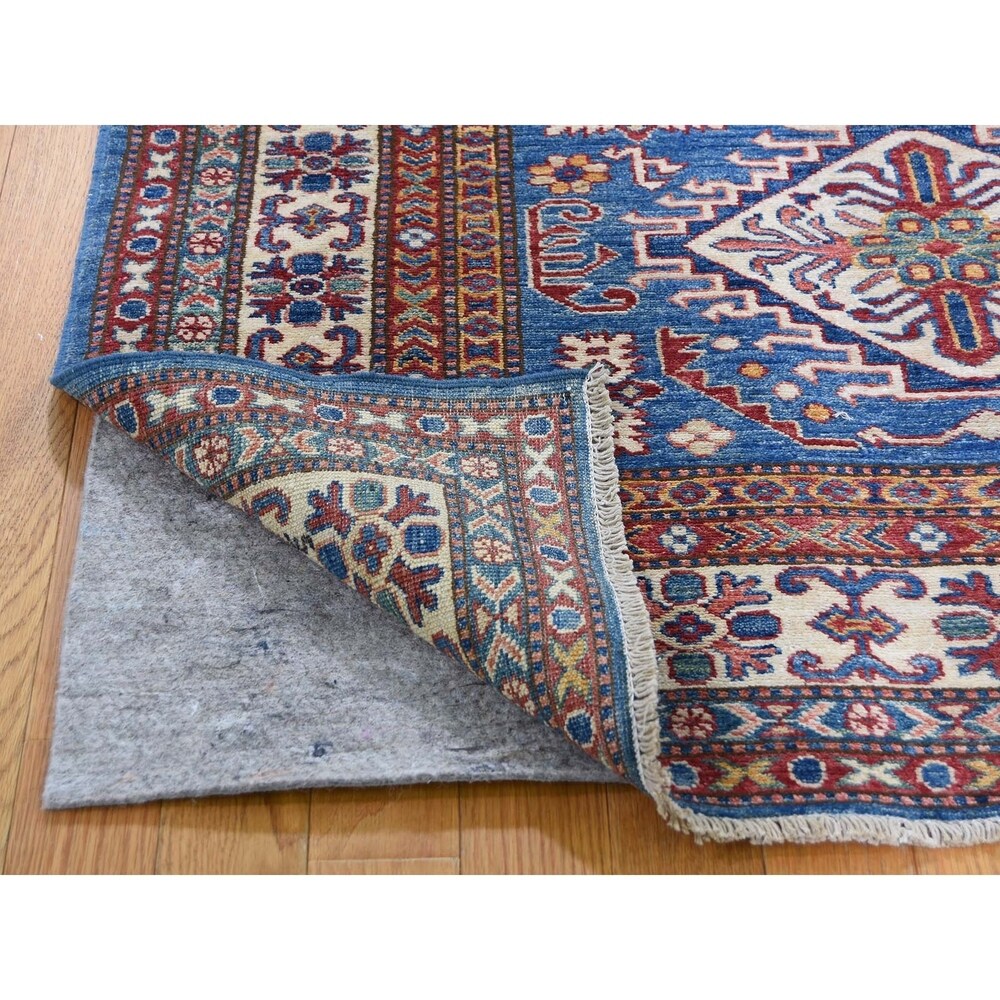 Shahbanu Rugs Super Kazak Pure Wool Blue Geometric Design Hand-Knotted Oriental Rug (4'0" x 6'0") - 4'0" x 6'0"