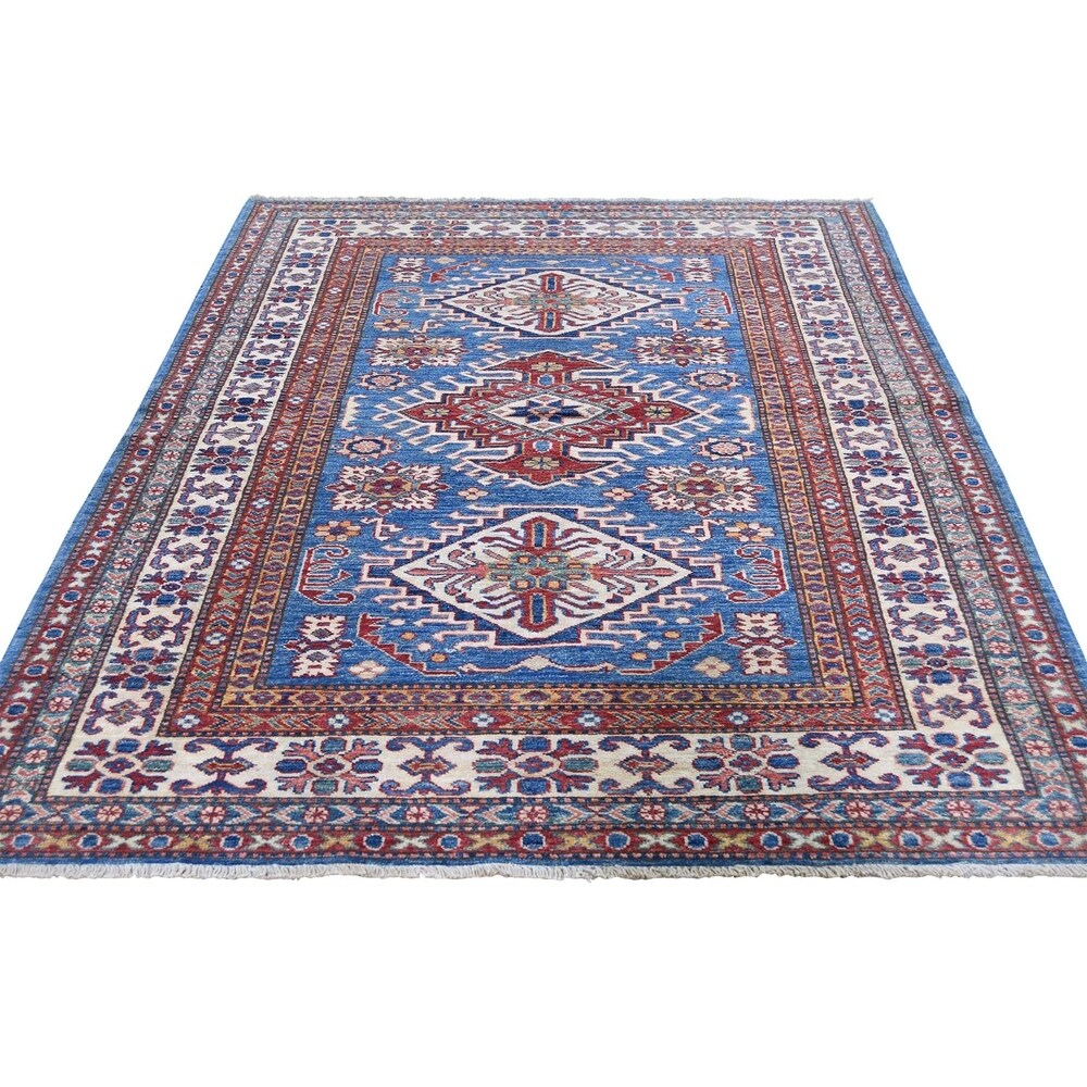 Shahbanu Rugs Super Kazak Pure Wool Blue Geometric Design Hand-Knotted Oriental Rug (4'0" x 6'0") - 4'0" x 6'0"