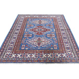 Shahbanu Rugs Super Kazak Pure Wool Blue Geometric Design Hand-Knotted Oriental Rug (4'0" x 6'0") - 4'0" x 6'0"