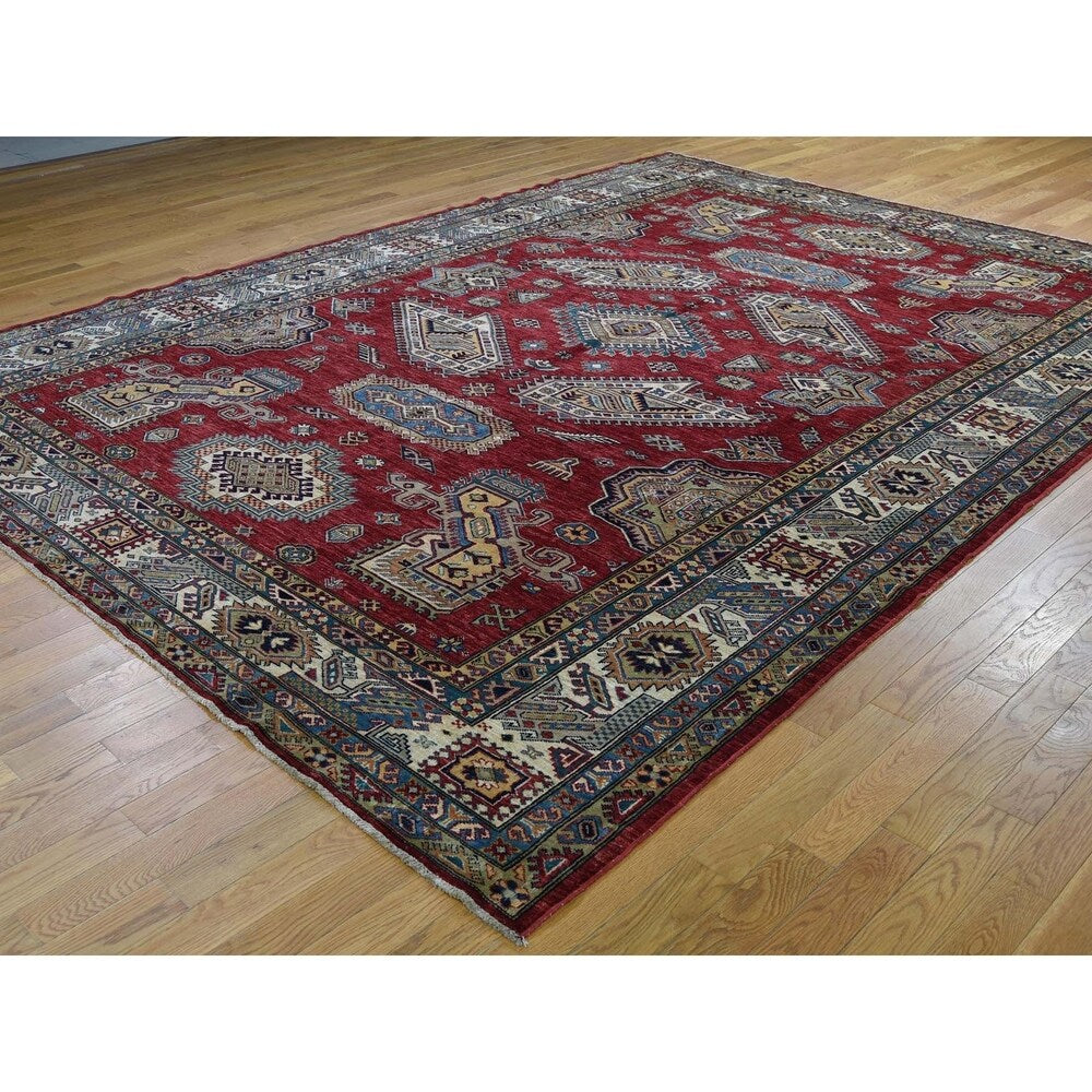 Shahbanu Rugs Super Kazak Pure Wool Geometric Design Hand-Knotted Oriental Rug (9'0" x 12'0") - 9'0" x 12'0"
