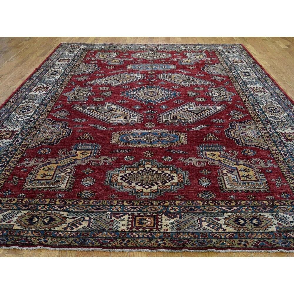 Shahbanu Rugs Super Kazak Pure Wool Geometric Design Hand-Knotted Oriental Rug (9'0" x 12'0") - 9'0" x 12'0"