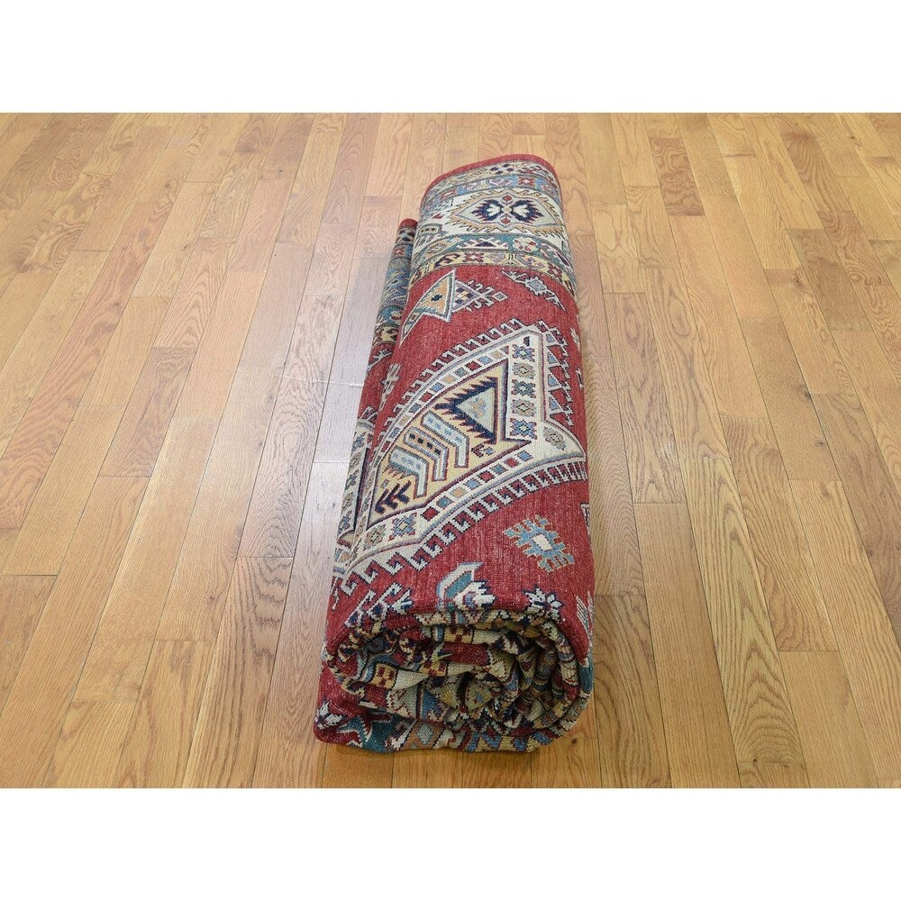 Shahbanu Rugs Super Kazak Pure Wool Geometric Design Hand-Knotted Oriental Rug (9'0" x 12'0") - 9'0" x 12'0"