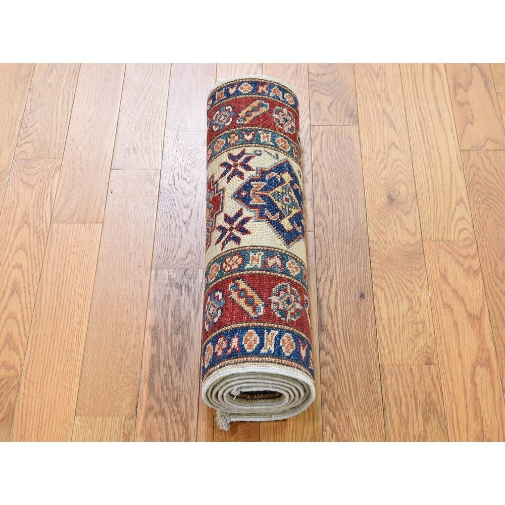 Shahbanu Rugs Super Kazak Pure Wool Geometric Design Runner Hand-Knotted Rug (2'0" x 5'10") - 2'0" x 5'10"