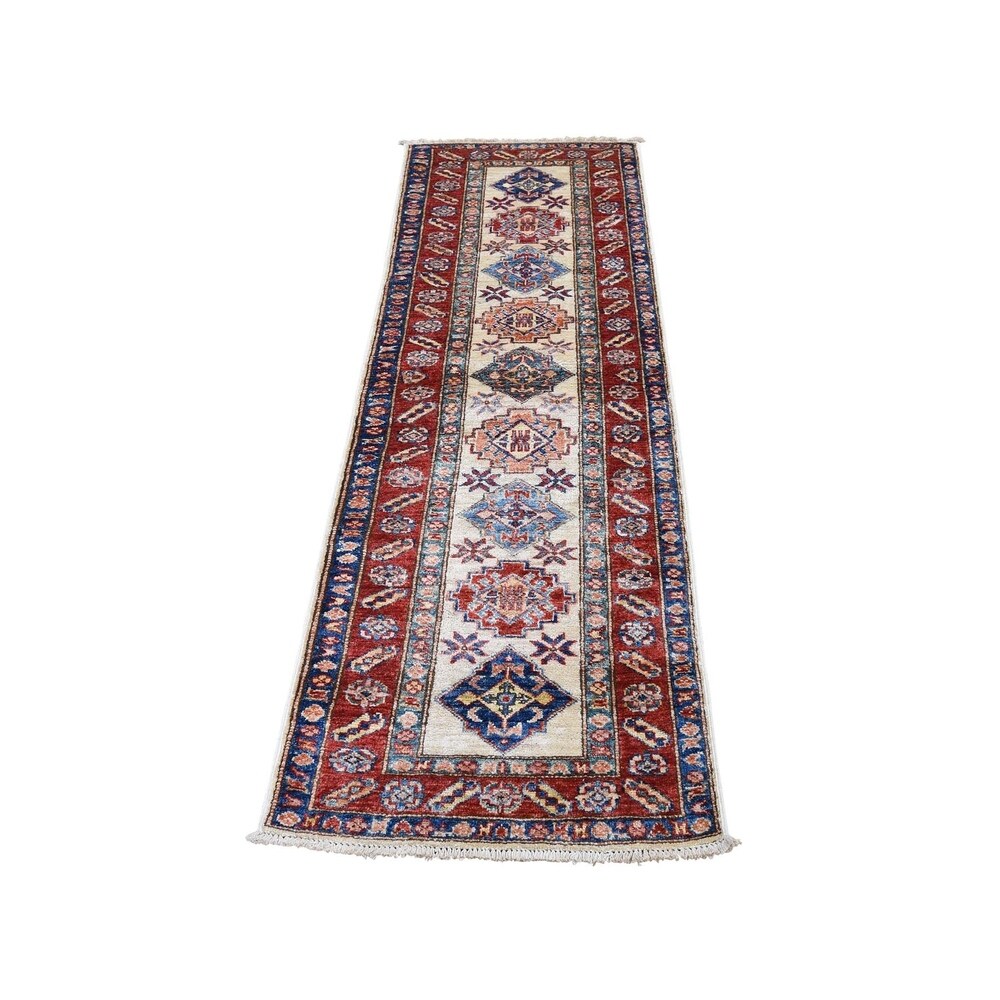 Shahbanu Rugs Super Kazak Pure Wool Geometric Design Runner Hand-Knotted Rug (2'0" x 5'10") - 2'0" x 5'10"