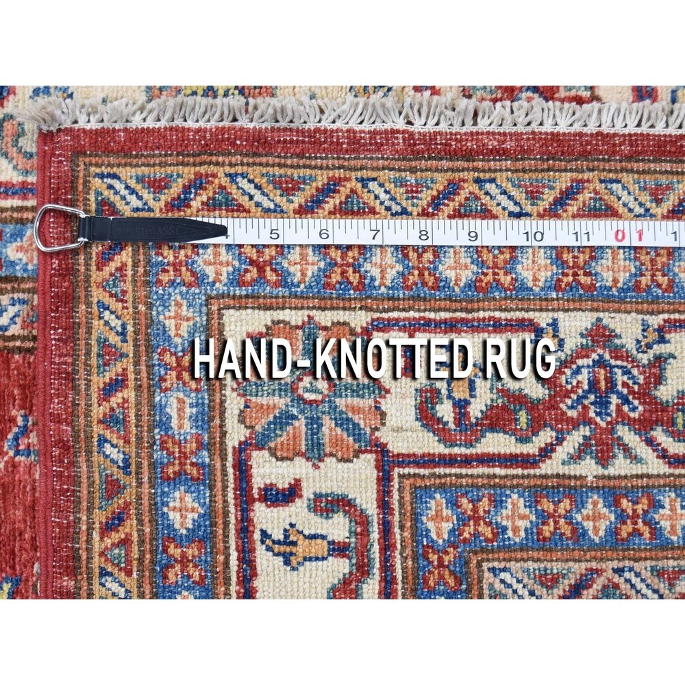 Shahbanu Rugs Super Kazak Pure Wool Red Geometric Design Hand-Knotted Oriental Rug (4'0" x 6'1") - 4'0" x 6'1"