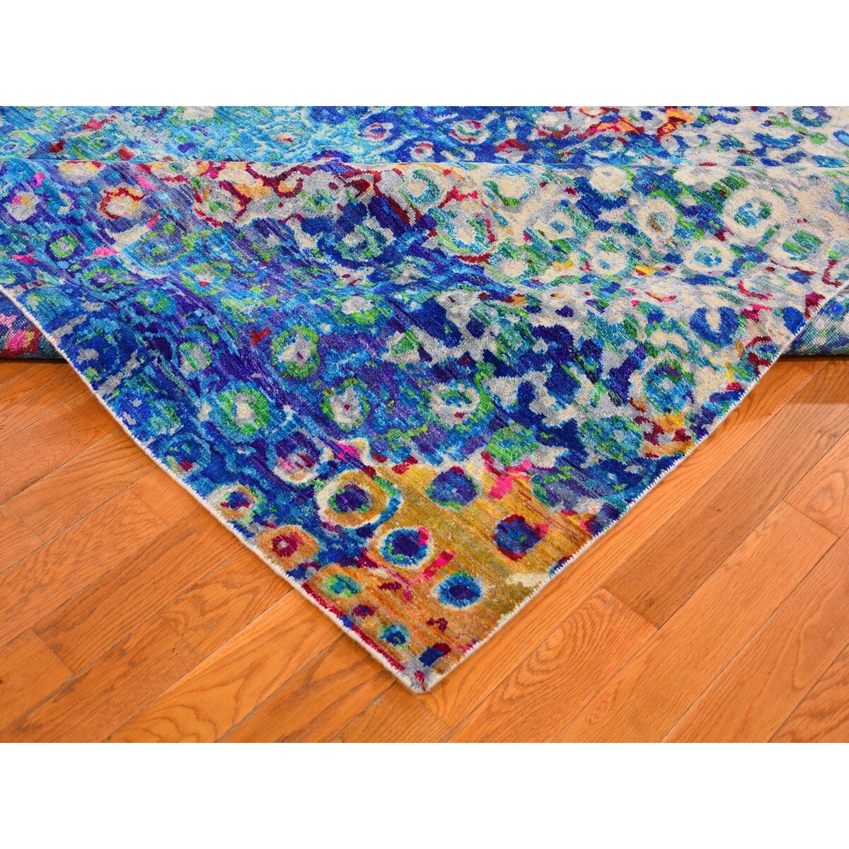 Shahbanu Rugs THE PEACOCK, Sari Silk Colorful Hand Knotted Oriental Rug (9'0" x 12'0") - 9'0" x 12'0"