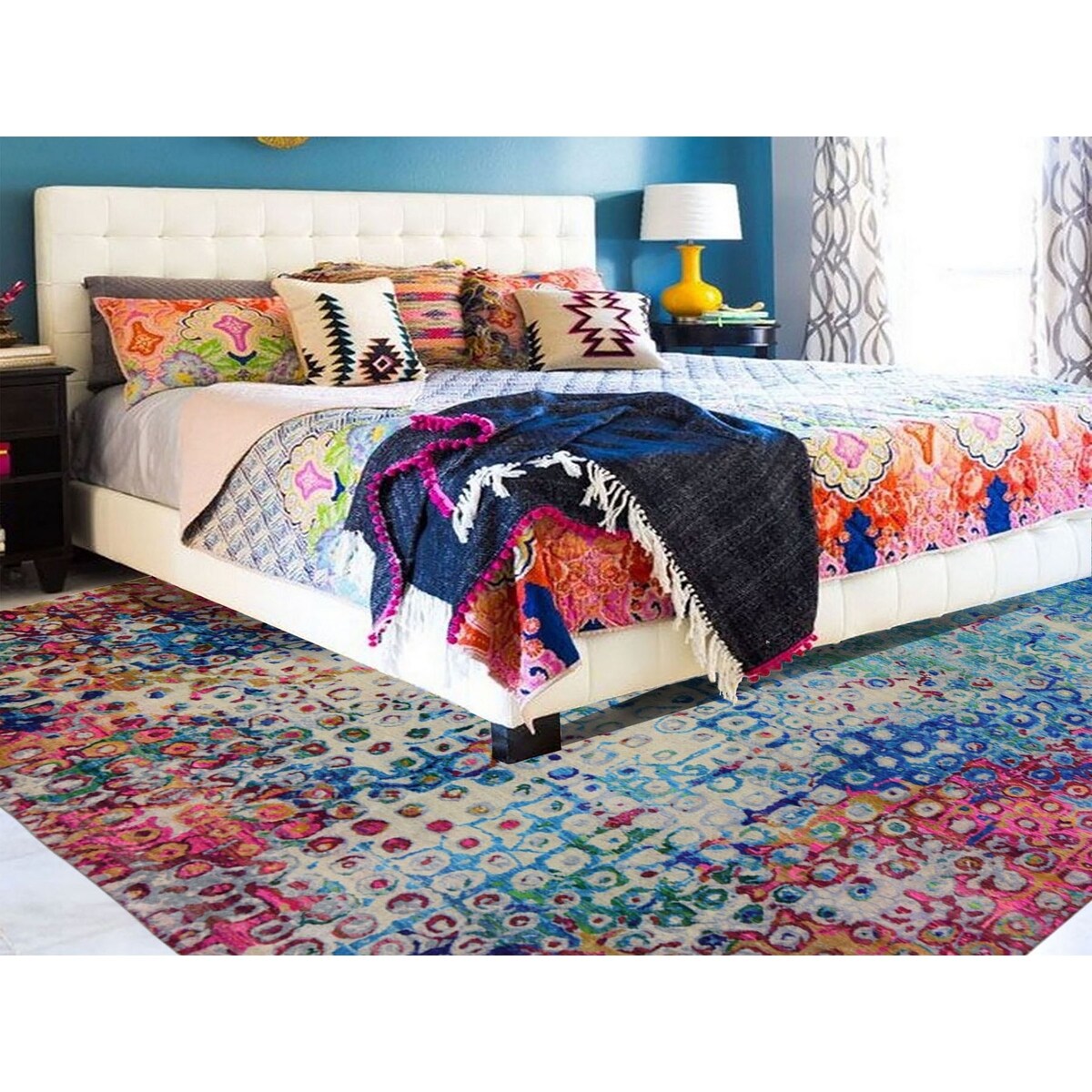 Shahbanu Rugs THE PEACOCK, Sari Silk Colorful Hand Knotted Oriental Rug (9'0" x 12'0") - 9'0" x 12'0"