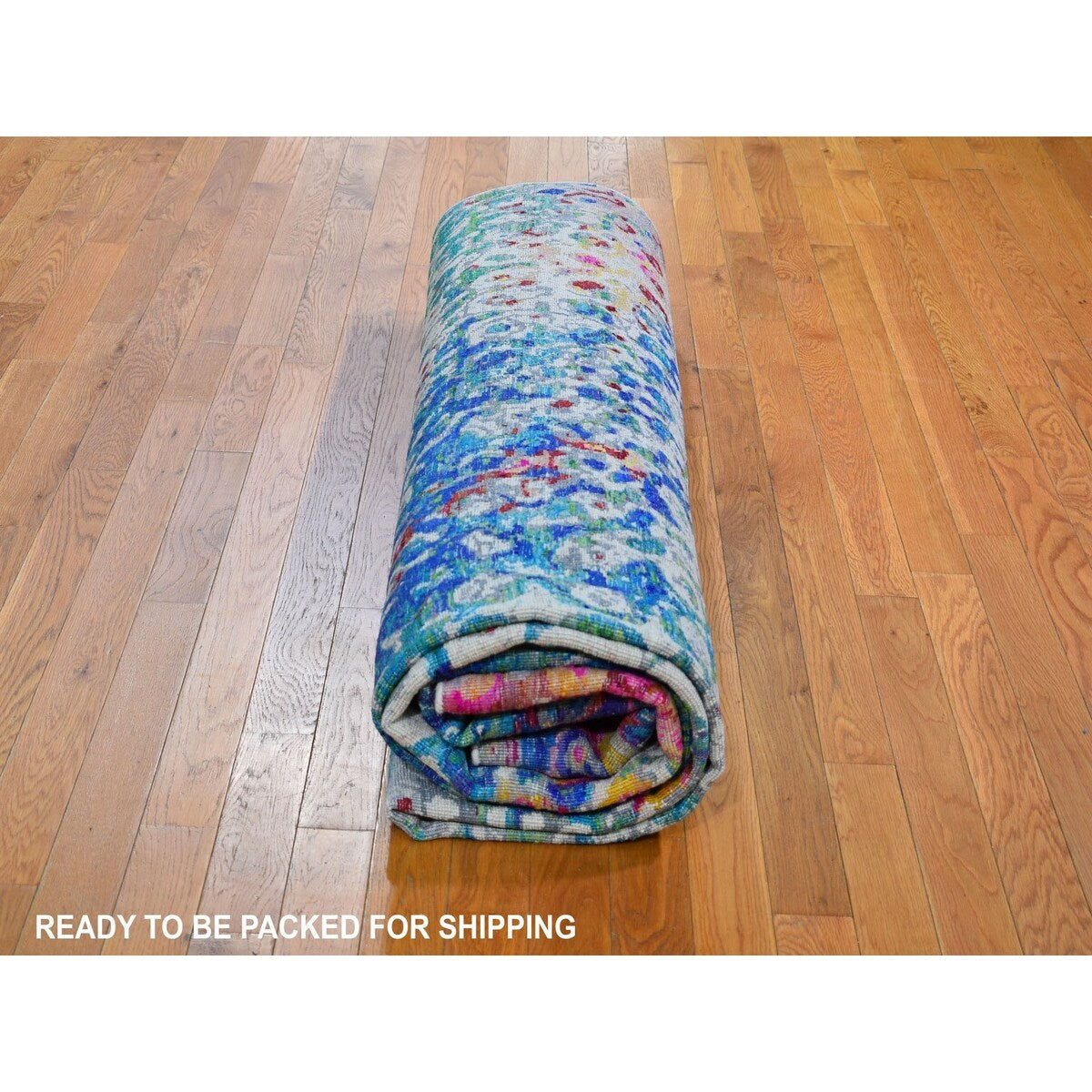 Shahbanu Rugs THE PEACOCK, Sari Silk Colorful Hand Knotted Oriental Rug (9'0" x 12'0") - 9'0" x 12'0"