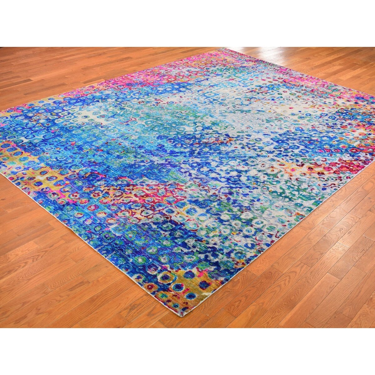 Shahbanu Rugs THE PEACOCK, Sari Silk Colorful Hand Knotted Oriental Rug (9'0" x 12'0") - 9'0" x 12'0"