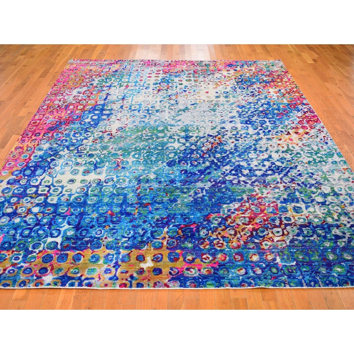 Shahbanu Rugs THE PEACOCK, Sari Silk Colorful Hand Knotted Oriental Rug (9'0" x 12'0") - 9'0" x 12'0"