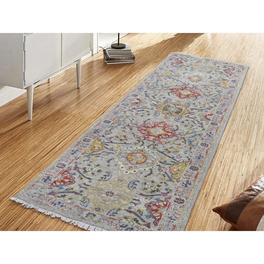 Shahbanu Rugs THE SUNSET ROSETTES Pure Silk & Wool Runner Hand-Knotted Oriental Rug (2'6" x 10'0") - 2'6" x 10'0"