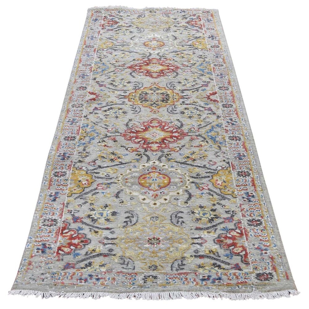 Shahbanu Rugs THE SUNSET ROSETTES Pure Silk & Wool Runner Hand-Knotted Oriental Rug (2'6" x 10'0") - 2'6" x 10'0"