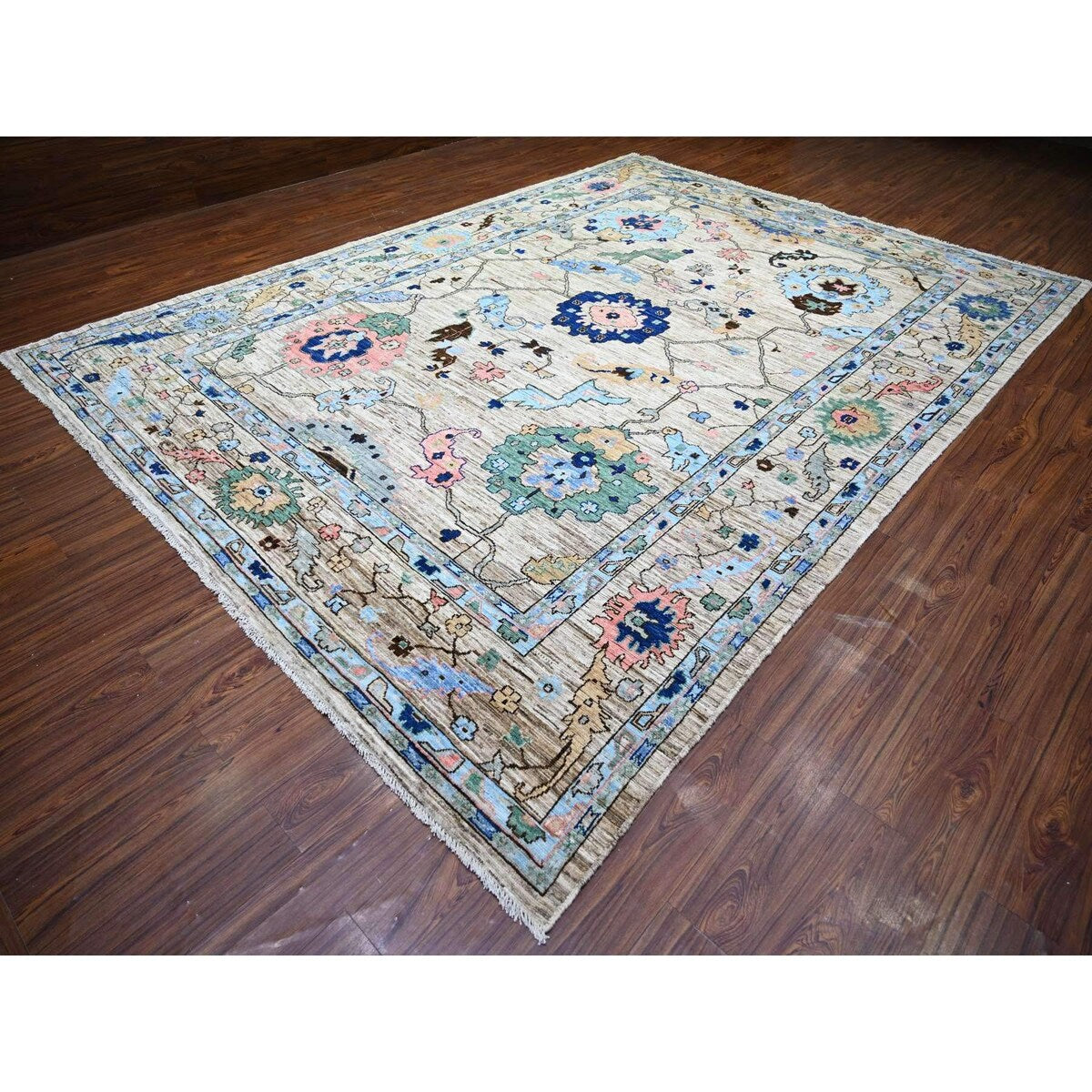 Shahbanu Rugs Taupe Gray, Natural Dyes Soft Wool, Hand Knotted Afghan Oushak with Pop of Color, Oriental Rug (10'1" x 13'10")