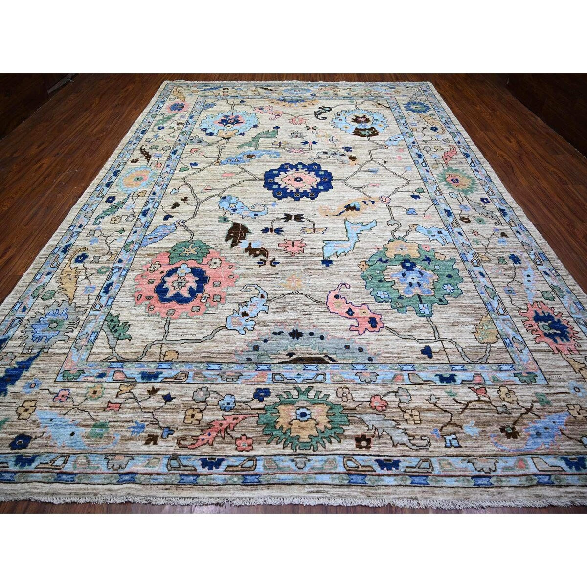 Shahbanu Rugs Taupe Gray, Natural Dyes Soft Wool, Hand Knotted Afghan Oushak with Pop of Color, Oriental Rug (10'1" x 13'10")