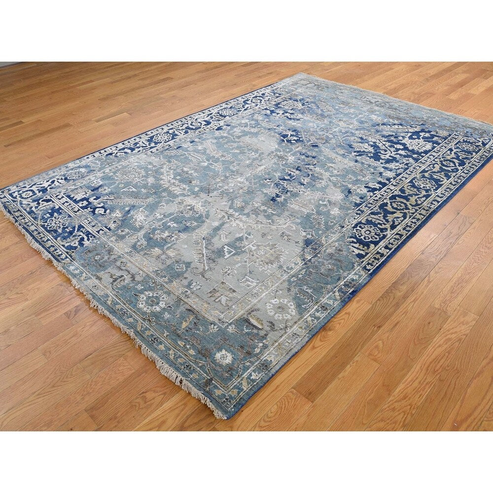 Shahbanu Rugs Textured Broken Persian Heriz All Over Design Wool & Silk Rug (6'2" x 9'1") - 6'2" x 9'1"