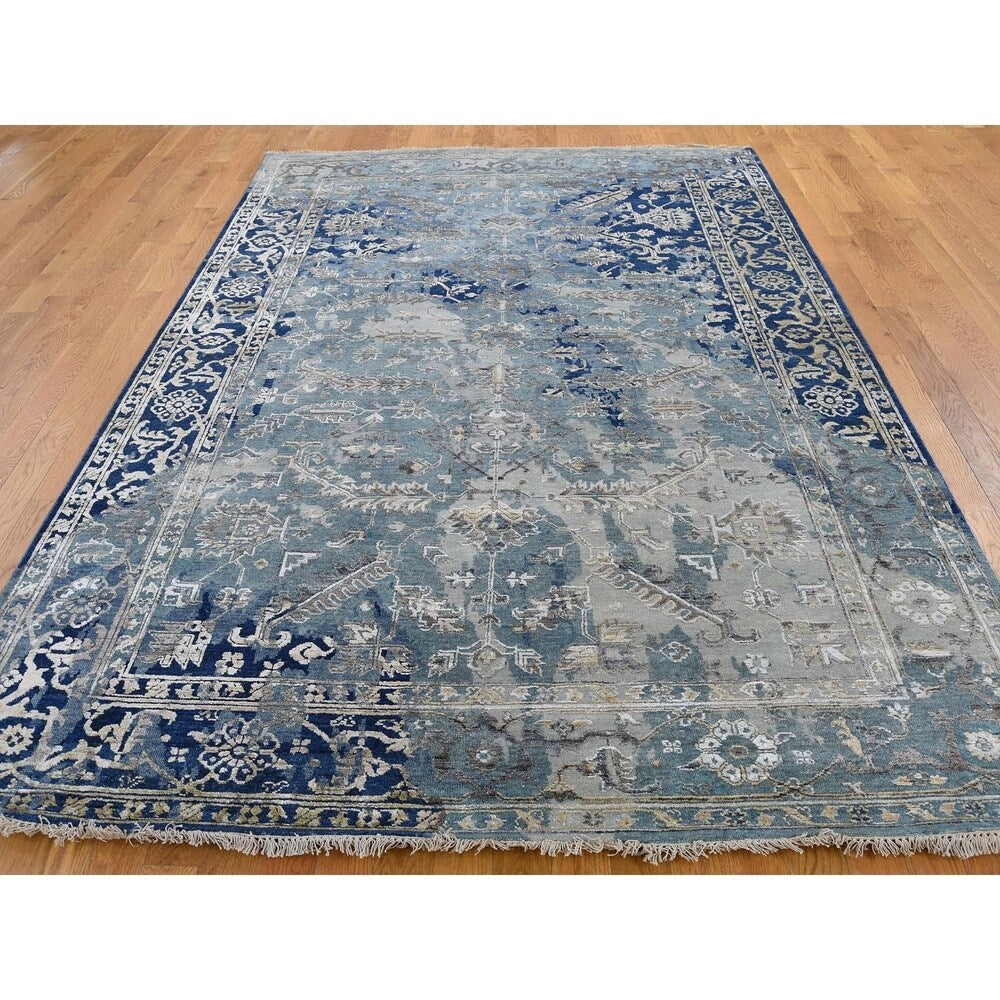 Shahbanu Rugs Textured Broken Persian Heriz All Over Design Wool & Silk Rug (6'2" x 9'1") - 6'2" x 9'1"