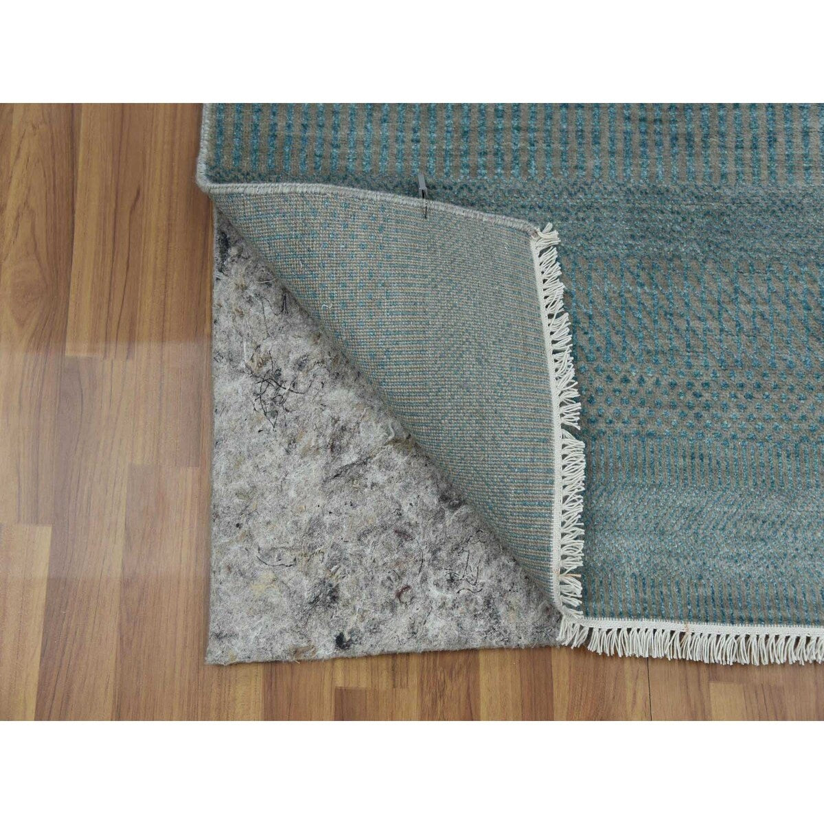 Shahbanu Rugs Turkish Blue Tone on Tone Soft Pile Wool and Silk Hand Knotted Grass Design Densely Woven Oriental Rug (3' x 5'2")