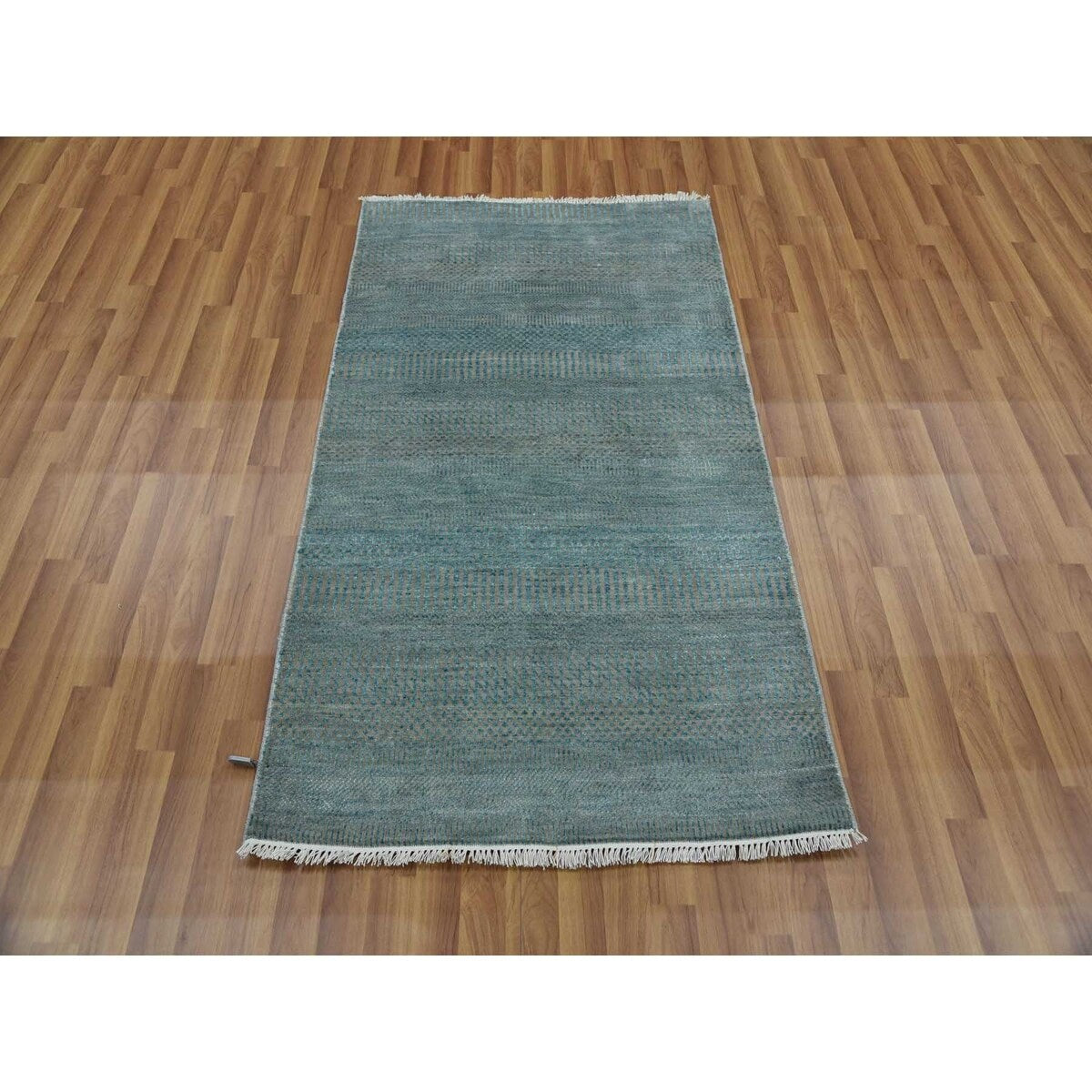 Shahbanu Rugs Turkish Blue Tone on Tone Soft Pile Wool and Silk Hand Knotted Grass Design Densely Woven Oriental Rug (3' x 5'2")