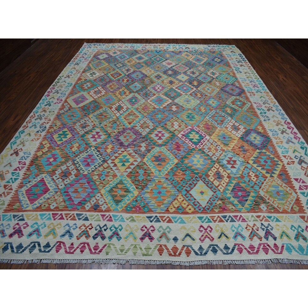 Shahbanu Rugs Veggie Dyes Afghan Kilim Pure Wool Hand Woven Oriental Rug (9'10" x 13'1") - 9'10" x 13'1"