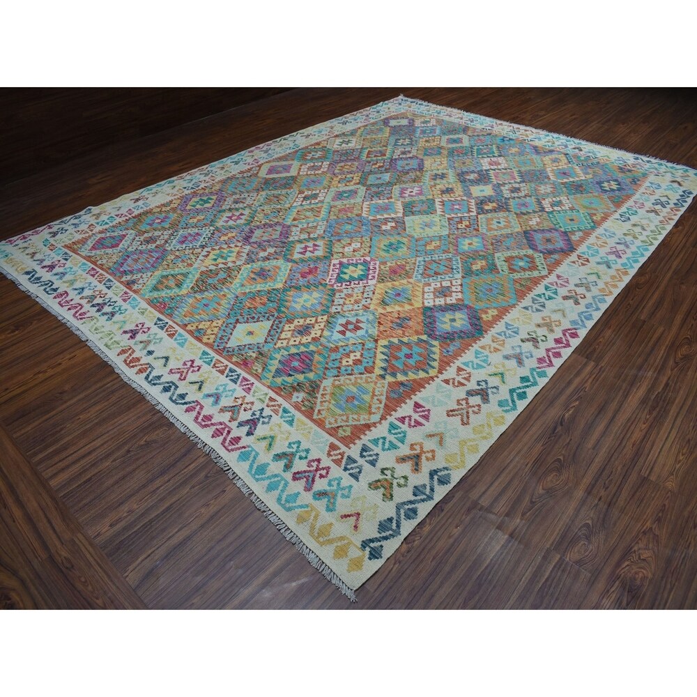 Shahbanu Rugs Veggie Dyes Afghan Kilim Pure Wool Hand Woven Oriental Rug (9'10" x 13'1") - 9'10" x 13'1"