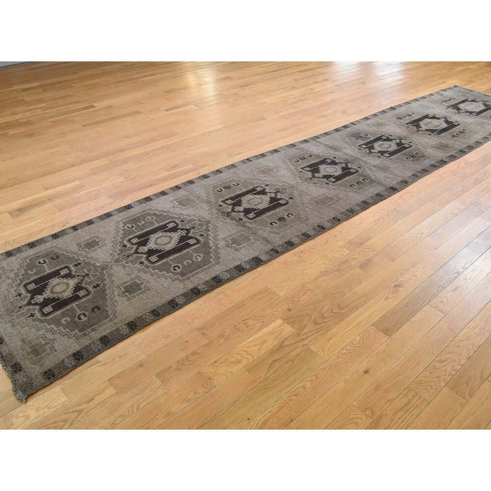 Shahbanu Rugs Vintage Afghan Baluch Natural Color Runner Hand-Knotted Pure Wool Rug (2'8" x 14'0") - 2'8" x 14'0"
