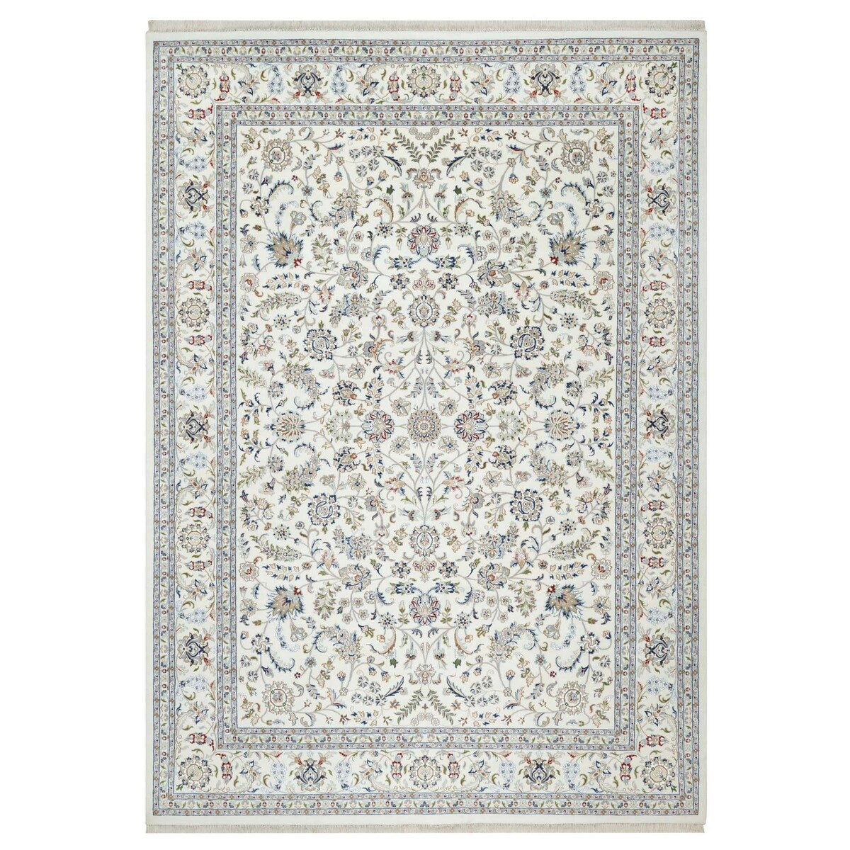 Shahbanu Rugs Vivid White, Wool and Silk, Nain All Over Floral Design, Hand Knotted, 250 KPSI, Oriental Rug (10'x14'2")