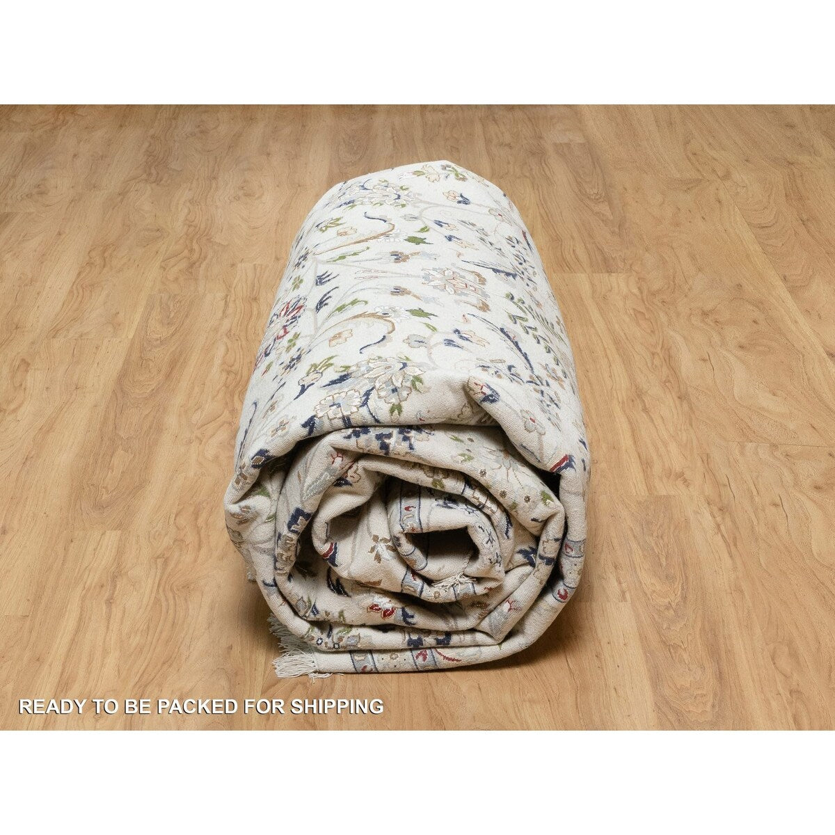 Shahbanu Rugs Vivid White, Wool and Silk, Nain All Over Floral Design, Hand Knotted, 250 KPSI, Oriental Rug (10'x14'2")