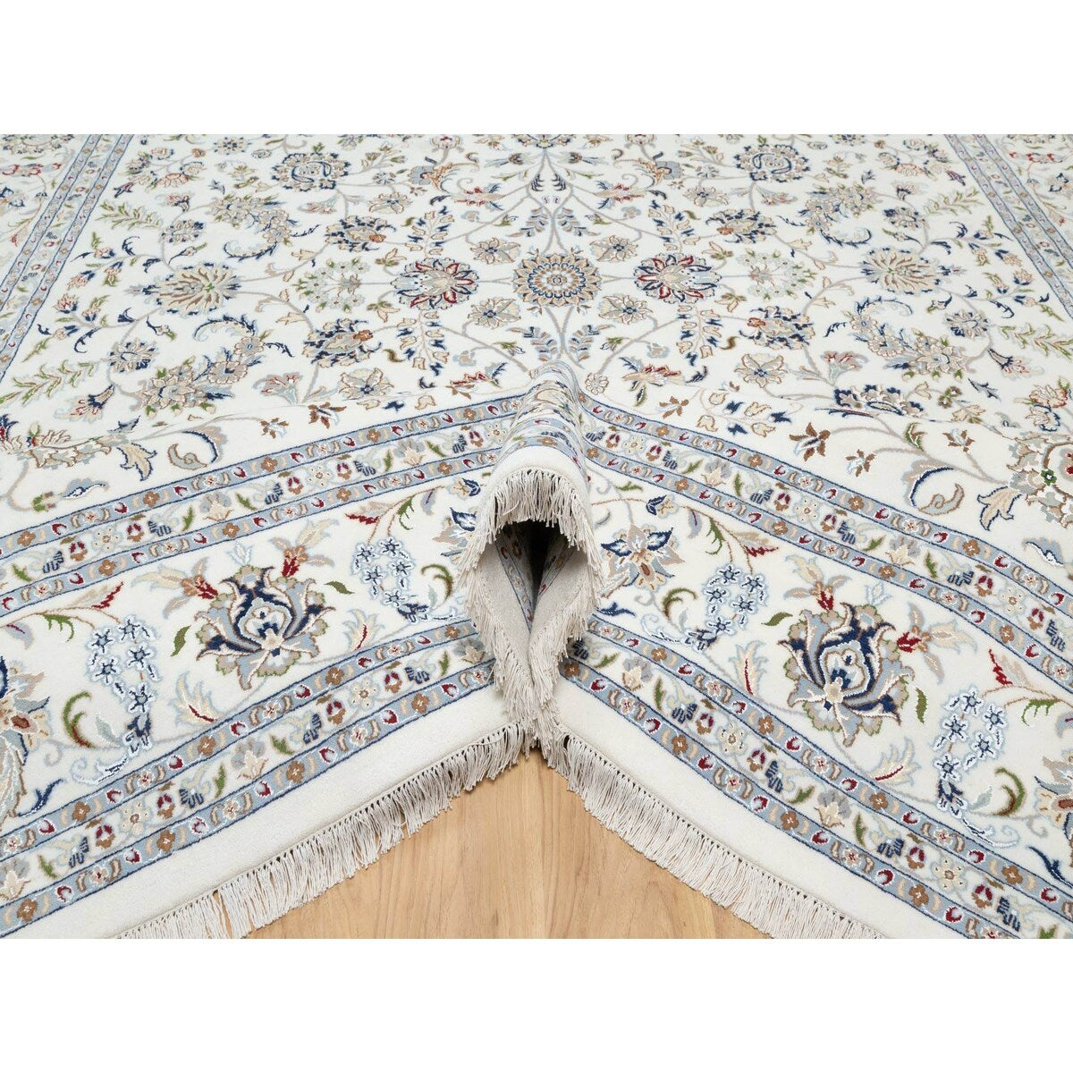 Shahbanu Rugs Vivid White, Wool and Silk, Nain All Over Floral Design, Hand Knotted, 250 KPSI, Oriental Rug (10'x14'2")