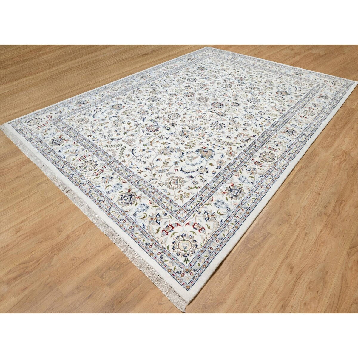 Shahbanu Rugs Vivid White, Wool and Silk, Nain All Over Floral Design, Hand Knotted, 250 KPSI, Oriental Rug (10'x14'2")