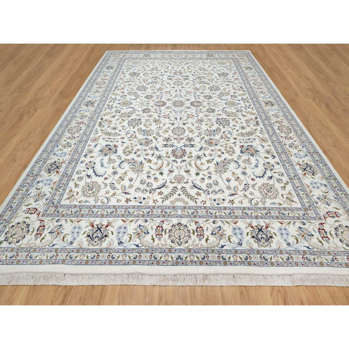 Shahbanu Rugs Vivid White, Wool and Silk, Nain All Over Floral Design, Hand Knotted, 250 KPSI, Oriental Rug (10'x14'2")