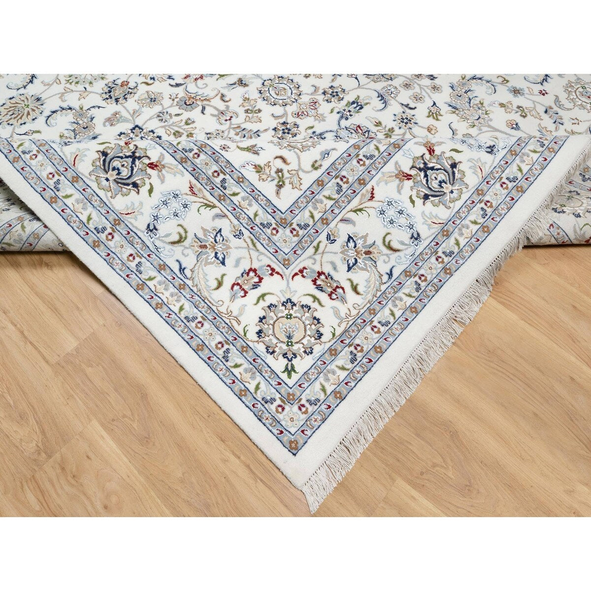 Shahbanu Rugs Vivid White, Wool and Silk, Nain All Over Floral Design, Hand Knotted, 250 KPSI, Oriental Rug (10'x14'2")