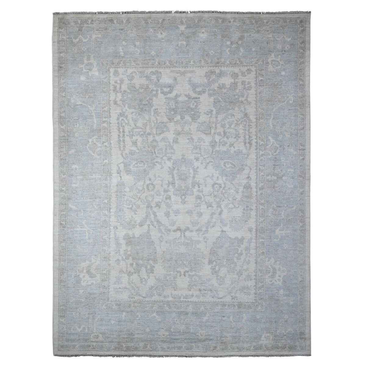 Shahbanu Rugs Whisper White Hand Knotted Wool Weft Village Floral Medallions Faded Afghan Oushak Rug (8'10"x11'10")
