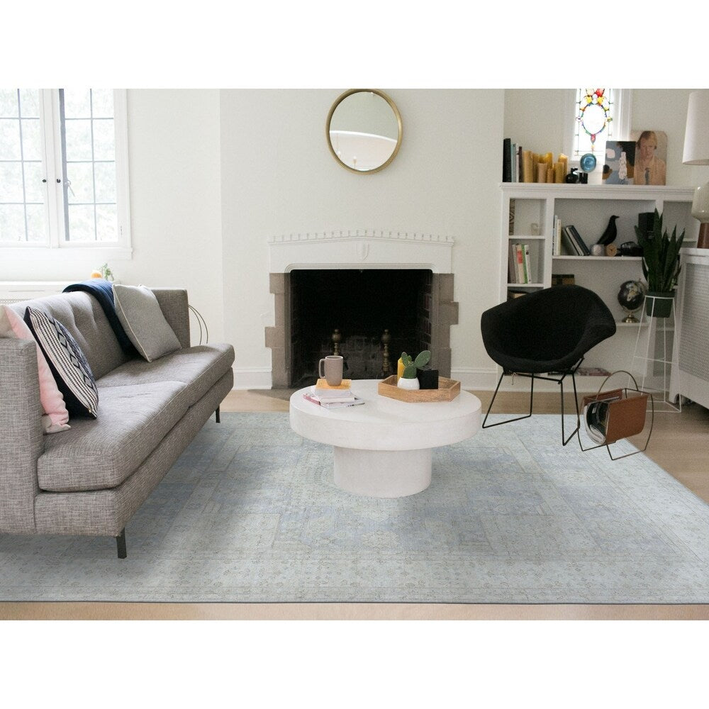 Shahbanu Rugs White Wash Peshawar With Mamluk Design Gray Pure Wool Hand-Knotted Rug (8'10" x 11'9") - 8'10" x 11'9"