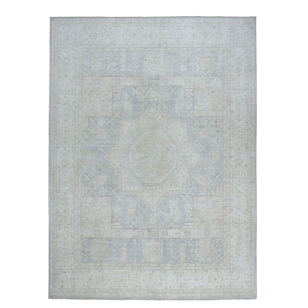 Shahbanu Rugs White Wash Peshawar With Mamluk Design Gray Pure Wool Hand-Knotted Rug (8'10" x 11'9") - 8'10" x 11'9"