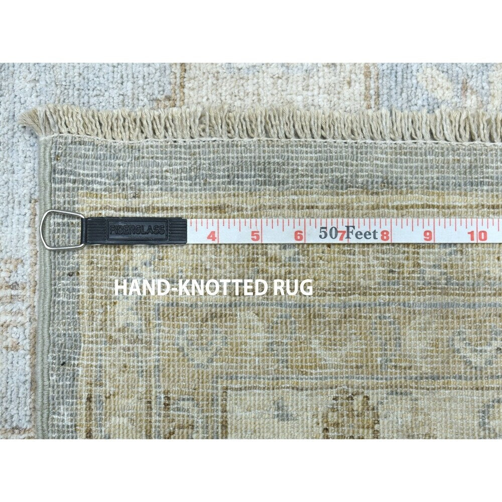 Shahbanu Rugs White Wash Peshawar With Mamluk Design Gray Pure Wool Hand-Knotted Rug (8'10" x 11'9") - 8'10" x 11'9"