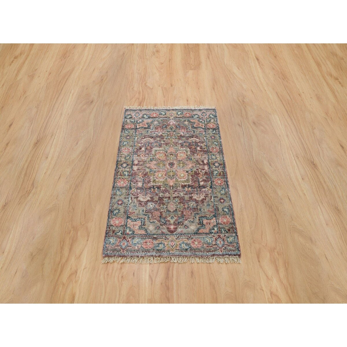 Shahbanu Rugs Wine Red, Wool, Heriz Revival, Hand Knotted, Soft to the Touch Pile, Mat Oriental Rug (1'11" x 3'1")