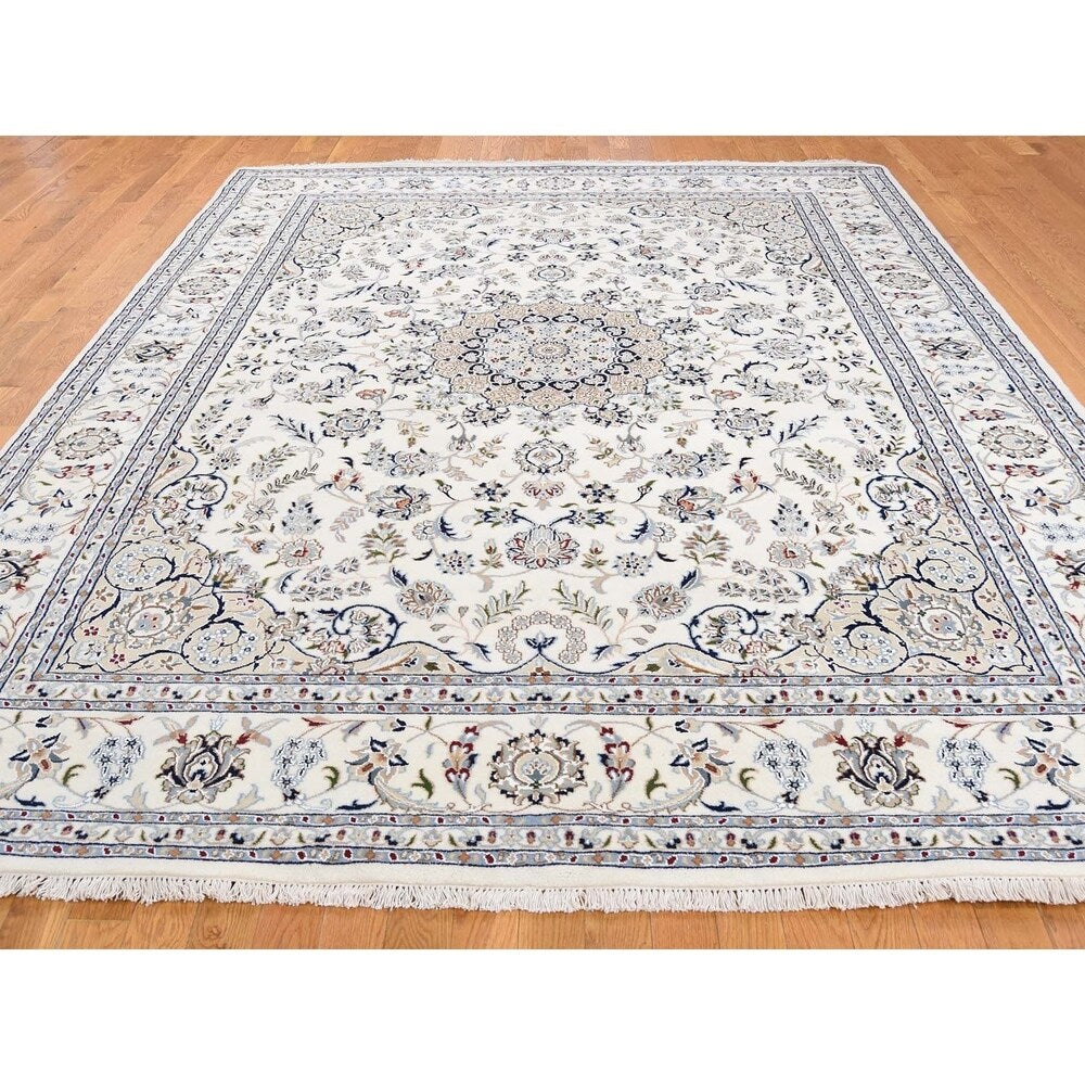 Shahbanu Rugs Wool And Silk 250 KPSI Ivory Nain Hand-Knotted Oriental Rug (7'8" x 10'1") - 7'8" x 10'1"