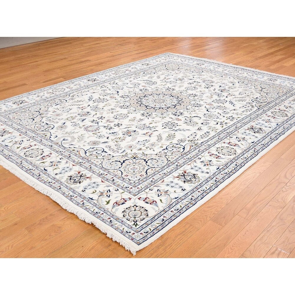 Shahbanu Rugs Wool And Silk 250 KPSI Ivory Nain Hand-Knotted Oriental Rug (7'8" x 10'1") - 7'8" x 10'1"