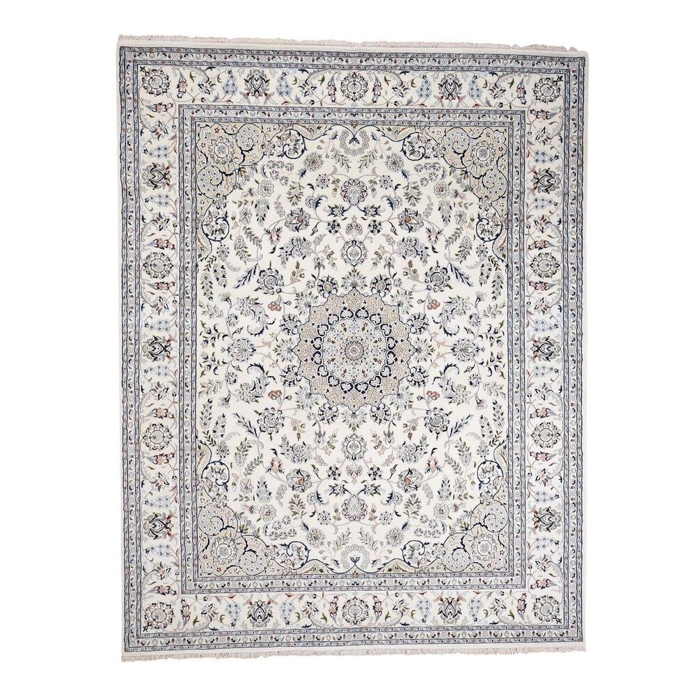 Shahbanu Rugs Wool And Silk 250 KPSI Ivory Nain Hand-Knotted Oriental Rug (7'8" x 10'1") - 7'8" x 10'1"