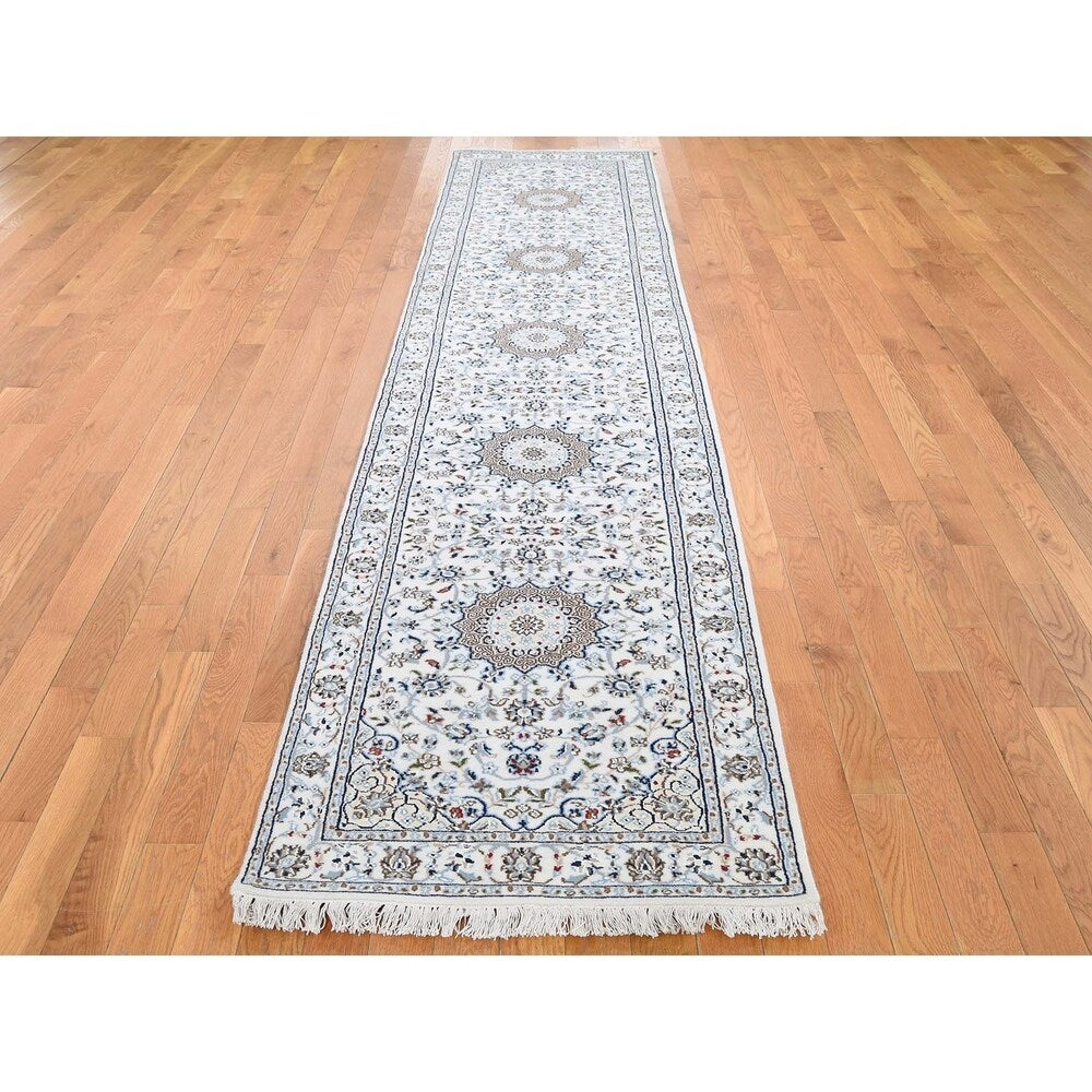 Shahbanu Rugs Wool And Silk 250 KPSI Ivory Nain Hand-Knotted Oriental Runner Rug (2'7" x 12'0") - 2'7" x 12'0"