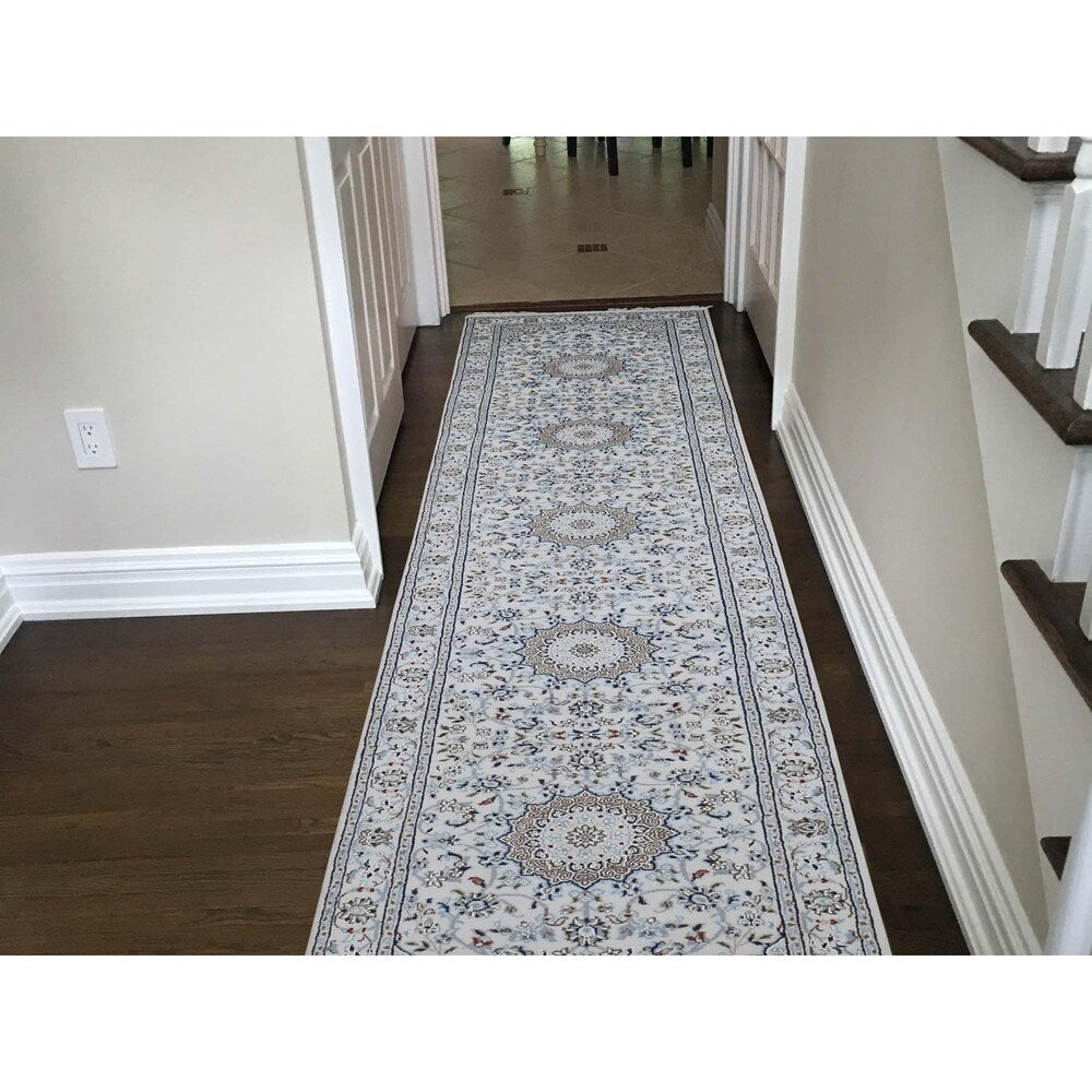 Shahbanu Rugs Wool And Silk 250 KPSI Ivory Nain Hand-Knotted Oriental Runner Rug (2'7" x 12'0") - 2'7" x 12'0"